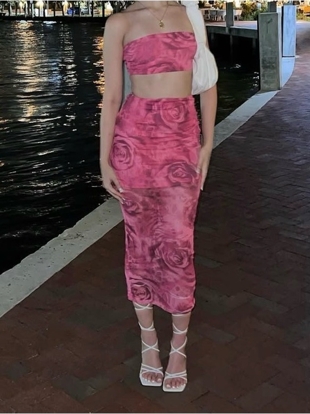 SHEIN Pink Rose-Print Strapless Two-Piece Midi Skirt Set